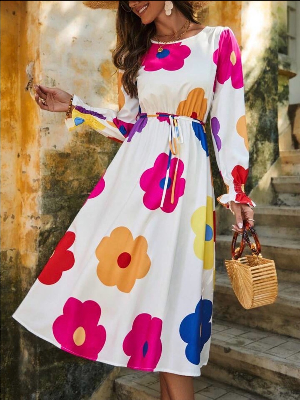 SHEIN White Midi Dress with Pink, Orange, Yellow, Blue & Red Floral Print